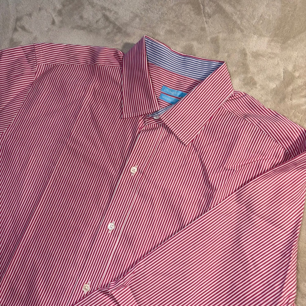 J.McLaughlin Mens Modern Fit Red White Striped Cotton Button Down Shirt Large‎